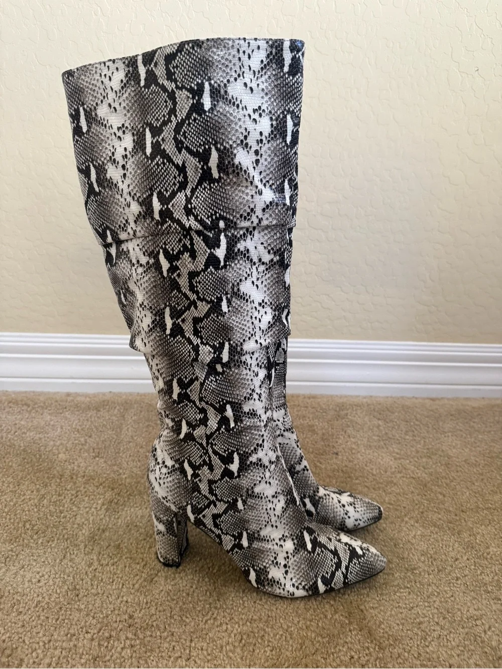 Python-Pattern Over-the-Knee Heeled Boots - Black & White - Picture 2 of 4